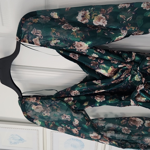 Athome - Surplice-Neck Fit & Flare Foiled Ruffle Dress, Hunter Floral, Size XS - Picture 6 of 12